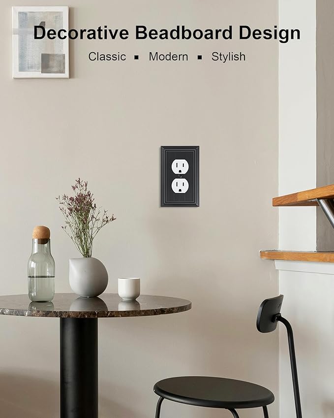 6-Pack Classic Beadboard Duplex Outlet Cover Plate, Decorative Matte Black Switch Plates and Outlet Covers, Natural Bamboo Fiber Wall Plates for Electrical Outlets, 1 Gang Receptacle Cover