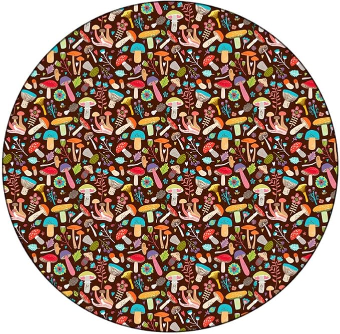 Elastic Tablecloth, Mushrooms Decorative Fabric Table Cover for, Attractive Various Cartoon Leaves and Mushrooms Graphic, Fit Round Tables 35inch Diameter, for Outdoor Indoor Use, Brown