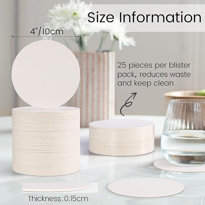 50 Pieces Disposable Paper Coasters, GOH DODD Thickened (1.5MM) 4 Inch Bar Coasters Bulk Absorbent Cardboard Blanks for Drinks DIY Arts Crafts Wedding Party Gifts Education, White, Round