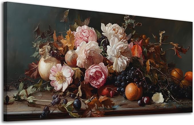 ADJUVANT Wall Art Vintage Floral And Fruit 48" L x 24" W, Peonies With Grapes And Citrus Canvas Painting Prints Graceful Botanic And Fruity Wall Decor for Living Room Bedroom Dining Room Home Office