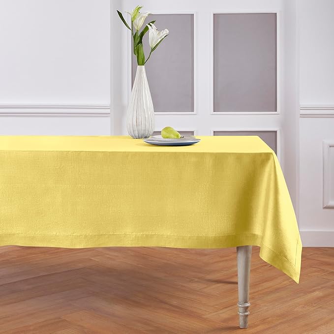 Solino Home Linen Tablecloth for Rectangle Tables 60 x 90 Inch - 100% Pure Linen Sunshine Yellow Table Cloth - Fete, Machine Washable Cloth Tablecloth for Spring, Easter