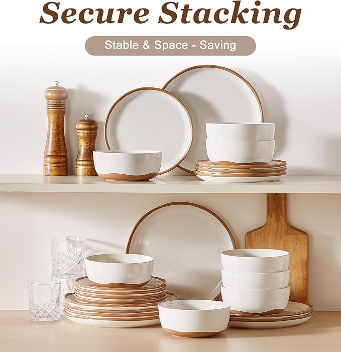 24 Piece Dinnerware Sets for 8 - Farmhouse Ceramic Plates and Bowls Sets - Scratch Resistant Stoneware Dishes Set, Dishwasher & Microwave Safe, Stack Compactly Dishware - Vintage White