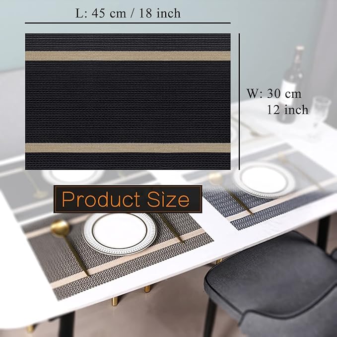 Luxurious Placemats Set of 4, Durable Table Mats Kitchen Plastic Washable Placemats for Home/Dining Room Decoration (Black)