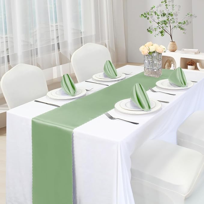 VACVELT Sage Green Satin Table Runners, 12x72 Inch, 2 Pack, Scalloped Edge | - Image 2