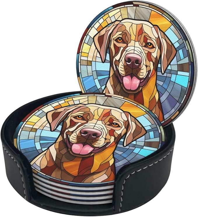 Drink Coaster Set of 6, Labrador Retriever Dog Mom Lover Gift,Leather Drink Coasters with Holder,6 Pack Cup/Bar/Drink Coasters for Table/Drinks/Coffee Protection Housewarming Gift