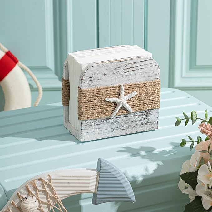 Natural Wooden Napkin Holder, Farmhouse Napkin Holders Upright Wooden Tissue Dispenser for Kitchen Dining Room Table Decor Indoor & Outdoor Use (Beach Style,White)