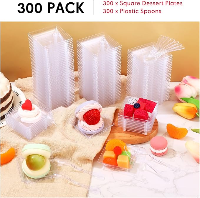 300 Pcs Mini Clear Dessert Plate Small Square Plastic Appetizer Plate with 300 Tasting Spoon Disposable 1 oz 2.4x2.4 Inch Party BBQ Wedding Picnic Party Travel Events Microwavable(Elegant)