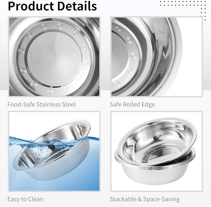 4pc Stainless Mixing Bowls, Large Deep Mirror Finish Kitchen Prep Basins | - Image 3
