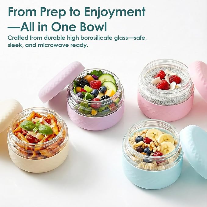 2 Pack 16 oz Glass Lunch Bowl Containers with Lids | Leak & Spill Proof, BPA-Free, Microwave & Dishwasher Safe, Airtight Meal Prep & Food Storage Jar for Lunch, Salad, Soup, Oats, Stew, Yogurt