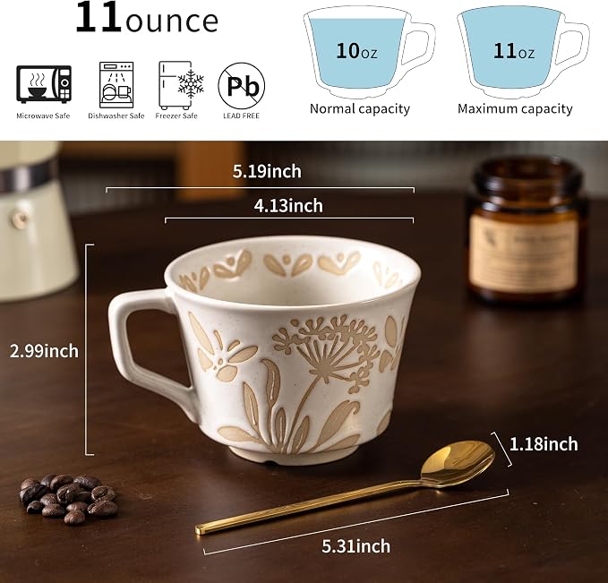 Coffee Mugs Set of 4 with Gold Spoon, 11 oz Porcelain Mug, Ceramic Tea Cups - Image 2