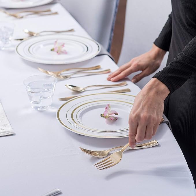 125-Piece White and Gold Fancy Plastic Plates Disposable - Image 3