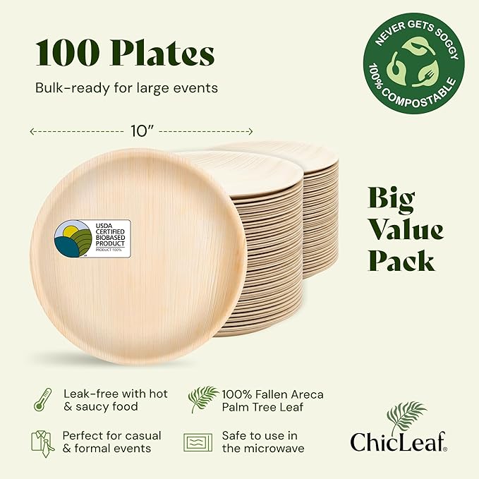 Chic Leaf Round Palm Leaf Plates - 10", Pack of 100 - Durable Party Pack - Dinner Eco Friendly Party Supply & Wedding Plates - For Charcuterie Board Accessories, Romantic Dinner for 2