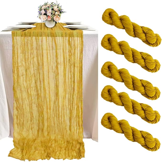 FUHSY 5 Pack 10FT Cheese Clothes Table Runners for Weddings Gold Cheesecloth Gauze Linen 35x120 Inch Romantic Rustic Dining Table Runner for Indoor Outdoor Table Centerpieces Party Table Cloth Runner