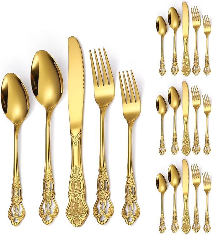 Retro Silverware Gold Set for 4 Stainless Steel Flatware Royal 20 Piece Cutlery by A%C2%B7HOUSEWARE