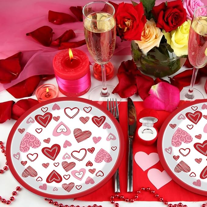 24Pcs Valentines Paper Plates Red Lovely Heart Love Dessert Disposable Paper Plates for Engagements Weddings Anniversary Birthday Tableware Party Supplies Decorations