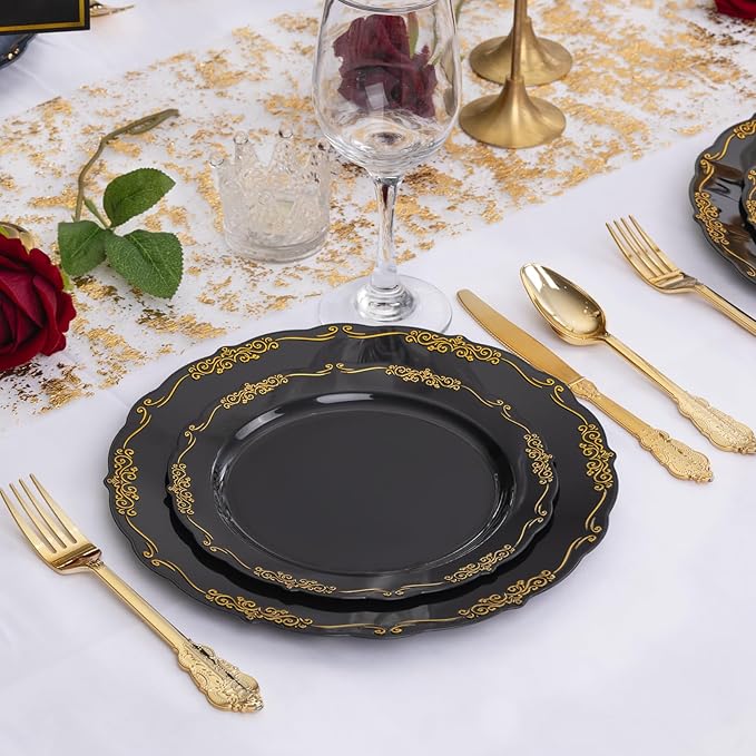 DaYammi 150Pcs Black Gold Plastic Plates & Plastic Silverware,Black Disposable Plates for Party Include 30 Dinner Plate,30 Dessert Plate,30 Knives,30 Forks,30 Spoons,black plates for Party Wedding