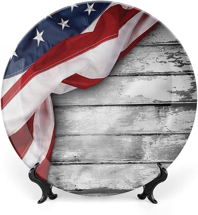 Ceramic Plates, American Flag Decorative Ceramic Plates, Flag on Wood Planks, 6 Inch, for Dining, Parties, Wedding, Multicolor