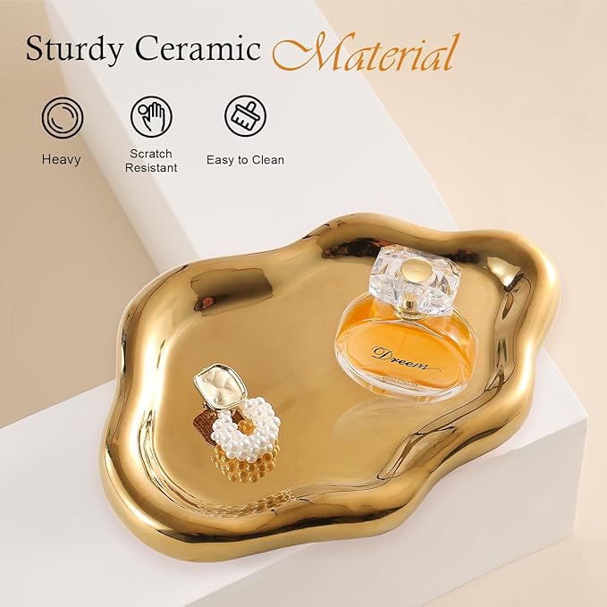 Ceramic Jewelry Tray Trinket Dish, Decorative Cloud Vanity Key Tray for Women, Ring Holder Dish, Cute Jewelry Plate Bowl Room Decor Aesthetic, Gold, Large