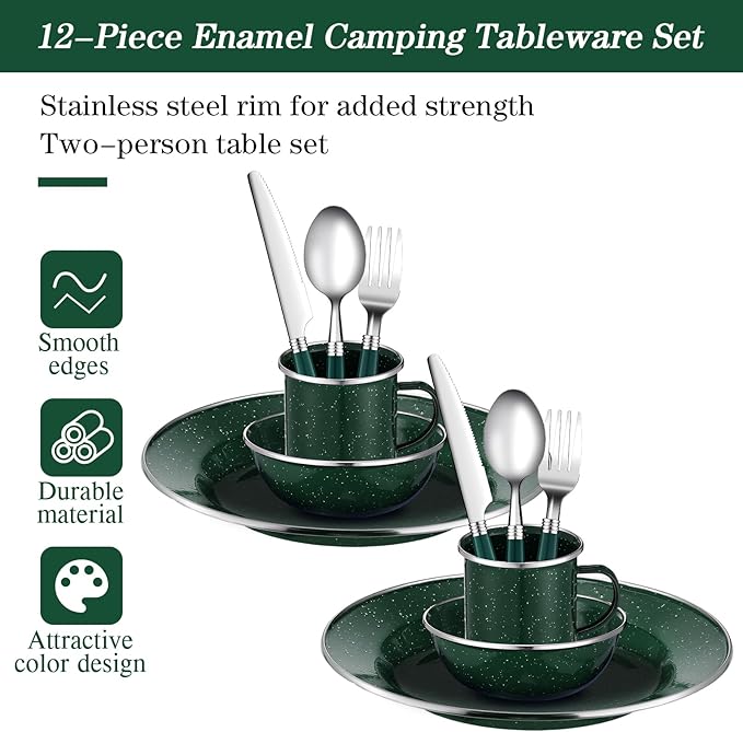 Nuogo 12 Pcs Enamel Camping Tableware Set Dinnerware Kit Includes 12 oz Coffee Mugs Camping Plates Bowls and Utensils Set with Knife Fork Spoon for 2 People Hiking Picnic Outdoor