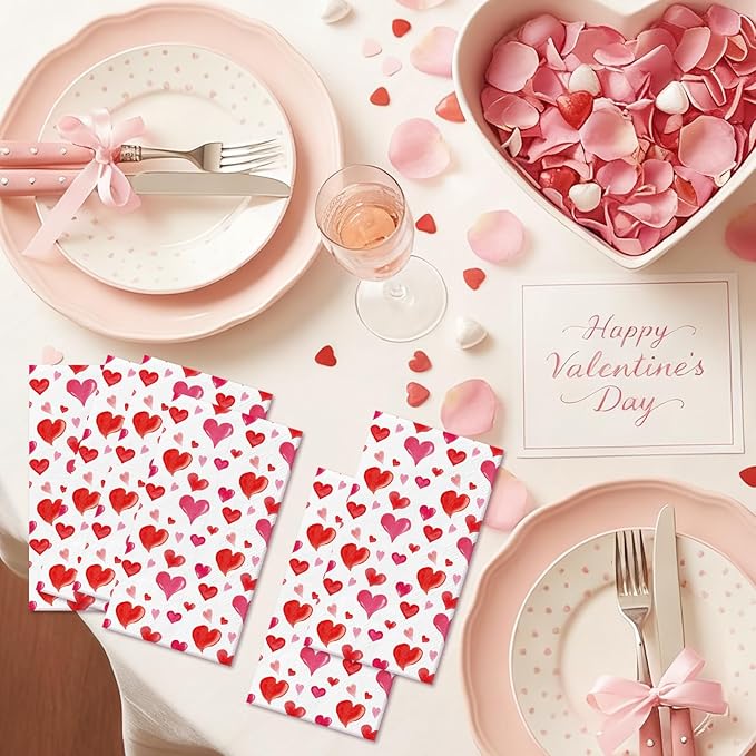 Valentine' s Day Paper Napkins - 100 Pcs Red Heart Decorative Dinner Napkin Sets Disposable, Cocktail Luncheon Party Decorations Supplies for Guest Engagement Anniversary Wedding 7.9 x 4.3 In