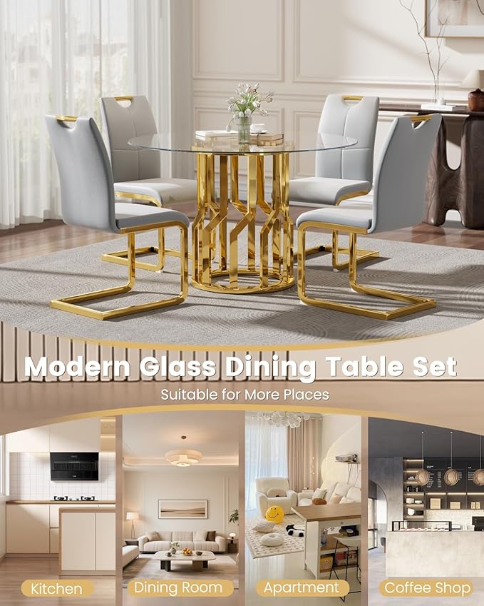 38.9" Round Glass Dining Table Set for 4, Modern 5 Piece Kitchen Table Set with Gold Stainless Steel Base & 4 PU Leather Accent Chairs, Saving Space, Dining Set for Apartment, Home - Grey Chair