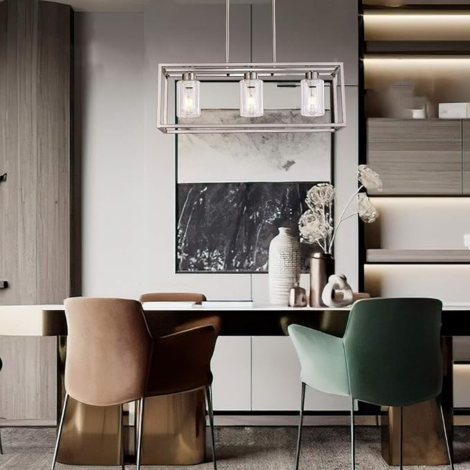 XILICON Dining Room Lighting Fixtures Hanging Farmhouse Brushed Nickel 3 Light Modern Pendant Lighting Contemporary Chandeliers with Glass Shade for Living Dining Room Bedroom Kitchen Island