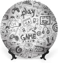 Decorative Plates, Video Games Print Ornament, Monochrome Sketch Style Gaming Design Racing, 6 Inch, 1 Plate with 1 Display Stand, White Black