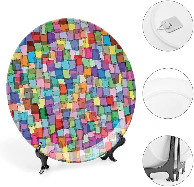 Ceramic Plates, Abstract Decorative Ceramic Plates, Mosaic Tile Pattern Colorful Squares Cubes, 8 Inch, for Dining, Parties, Wedding, Multicolor