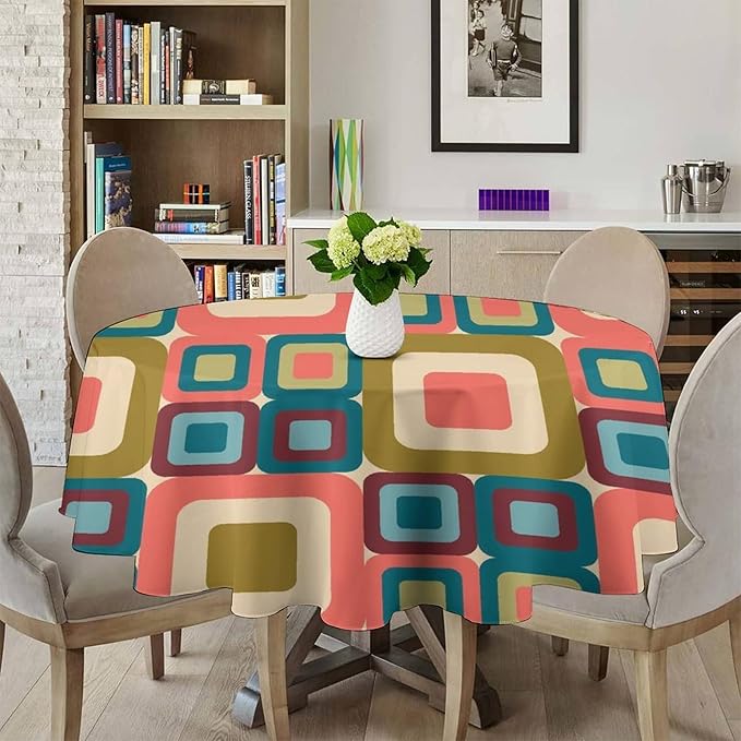 Abstract Geometric Round Tablecloth, Mid Century Modern Middle Century Abstract Patterns Print Tablecloth for Home Party Dining Room Kitchen Decor 50Inch(127cm)