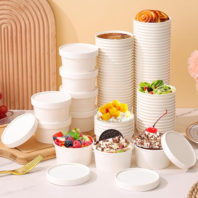 100 Pack 4 oz Disposable Soup Containers with Vented Lids, Kraft Soup Bowls Ice Cream Cups, White Paper Food Containers Microwavable and Freezer Safe for Hot Soup, Ice Cream (100 Pcs - White, 4 oz)