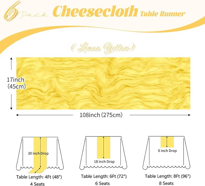 6 Pack Lemon Yellow Cheesecloth Table Runner, 17 x 108 inch, Semi Sheer Boho - Image 3