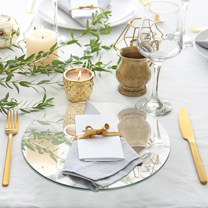 VASUHOME 10" Round Mirror Centerpieces for Tables, Glass Mirror Tray Set for Wedding and Party Decorations, Circle Mirror Plates with Smooth Edge and Cushioned Feet, 2mm Thick