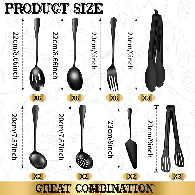 30pcs Stainless Steel Serving Utensils Set for Parties& Buffets, Catering, Banquets, Weddings and Events (Black)