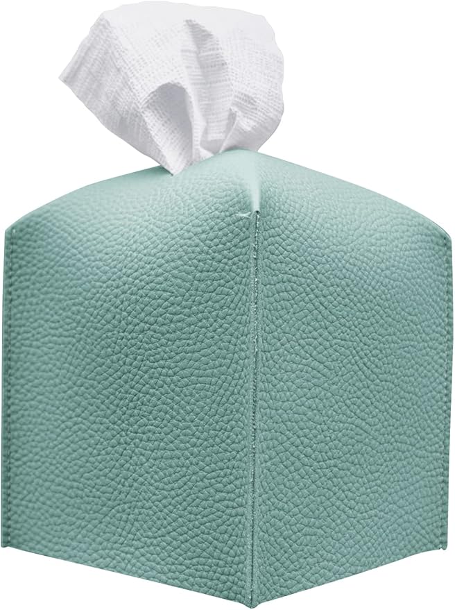 Carrotez Tissue Box Cover, [Refined] Modern PU Leather Square Tissue Box Holder - Decorative Holder/Organizer for Bathroom Vanity Countertop, Night Stands, Office Desk & Car 5"X5"X5" - Mint