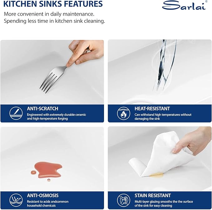 Sarlai 33 White Farmhouse Kitchen Sink - 33x20 Inch Farm Kitchen Sink Reversible Design Ledge Workstation White Ceramic Porcelain Fireclay Farmer Sinks 10" Inch Deep Single Bowl Basin