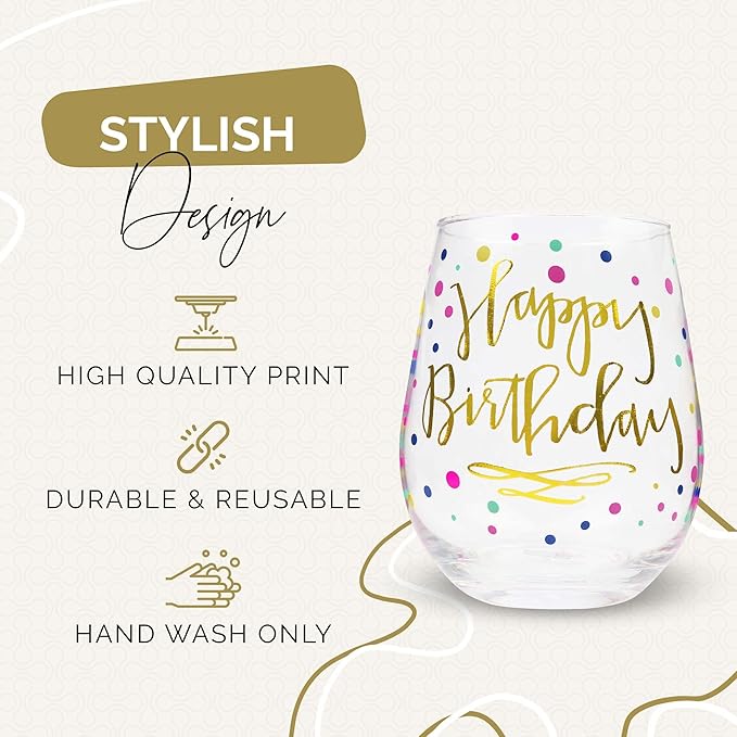Your Dream Party Shop Happy Birthday Wine Glass, 22oz Stemless with Gold Print - Gift for Adults and Women, Happy Birthday Cups For Women