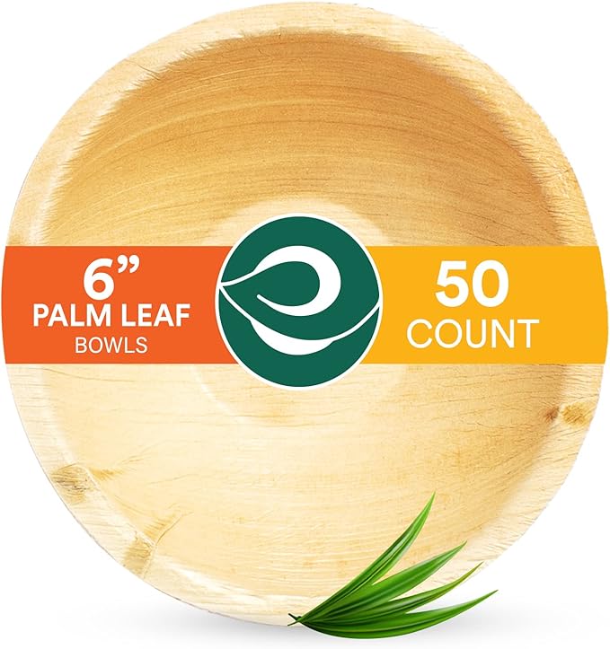 ECO SOUL 100% Compostable, Biodegradable, Disposable Palm Leaf Bowls |6 inch, 16oz, pack of 50 (Round) | Like Bamboo Bowls, Eco-friendly | Sturdy, Microwave & Oven Safe