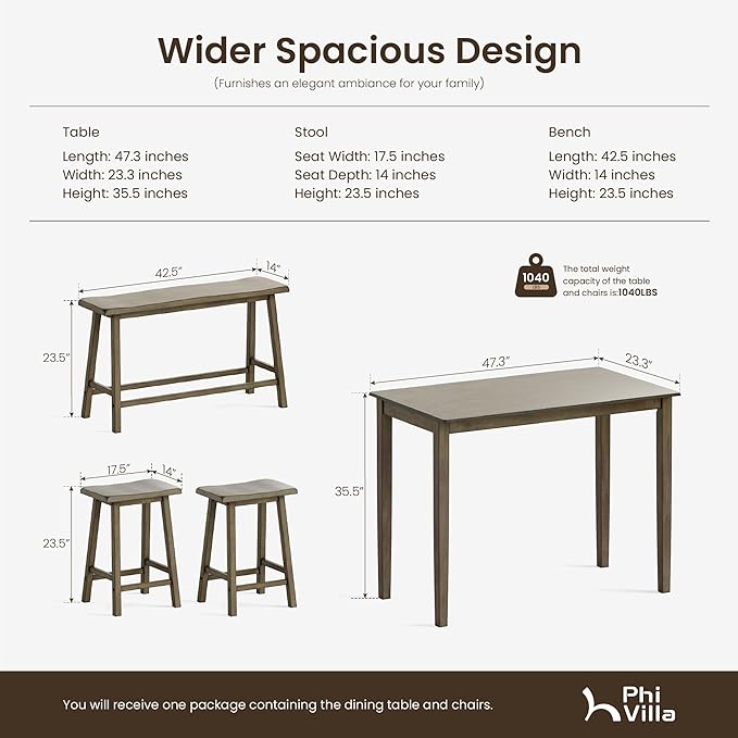 PHI VILLA Kitchen Table with Bench and Chairs, Counter Height Table and Chairs, Solid Wood Small Dining Table Set for 4, High Top Kitchen Table Chairs Set of 4, Smoky Brown