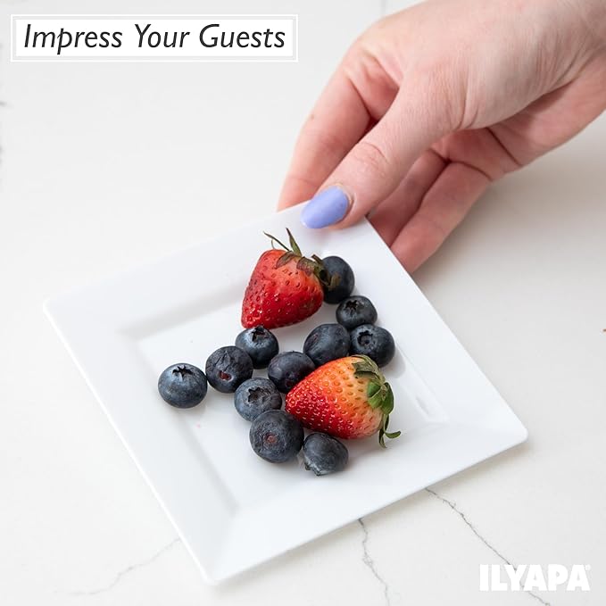 Ilyapa 50 White Square Disposable Plates - 4.5" Inch, Plastic Disposable Mini Square White Plates, for Appetizers, Dessert, & Tasting