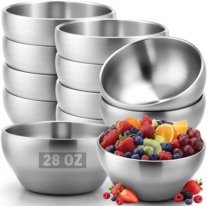 12 Pack Stainless Steel Bowls Bulk SUS304 Double Wall Insulated Bowls Matte Brushed Metal Soup Bowl for Rice Salad Noodle Snack Cereal Ice Cream Serving Mixing Prep (28 oz)