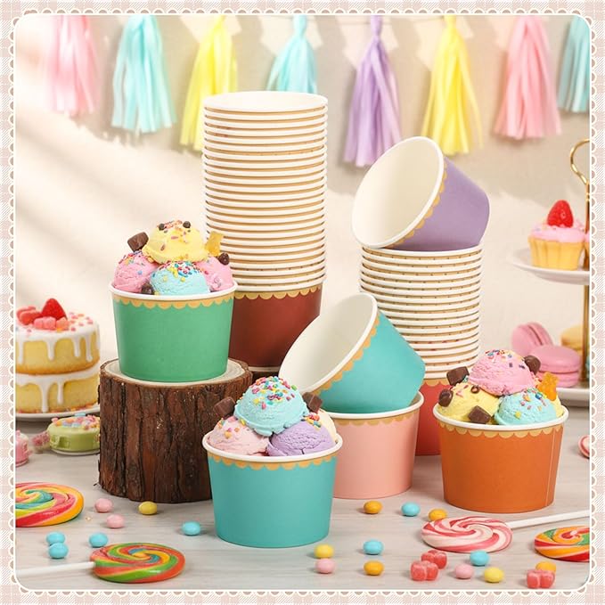 Zopeal 96 Pcs Colorful Disposable Ice Cream Bowls 9oz Candy Gradient Color Paper Snack Cups with Gold Scallop for Parties, Weddings, Baby Showers, Desserts, Yogurt, and Salads