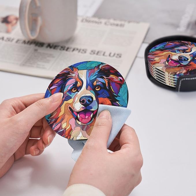Australian Shepherd Stained Dog Breed Glass Art Leather Drinks Coasters - Image 4