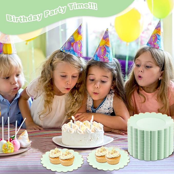LIYH 100 Pcs Sage Green Dessert Plates Scalloped Plastic Cake Plate Gold Rim - 7.5 Inch Heavy-Duty Leak Proof Appetizer Plastic Plates for Birthday Wedding Holiday Party Self-Service Table Decor