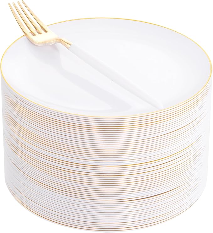 I00000 72PCS White Plastic Dessert Plates 7.5" with 72PCS Disposable Forks 8.5", Disposable White Dessert Plate, Fancy Salad Plates with Gold Rims Perfect for Wedding