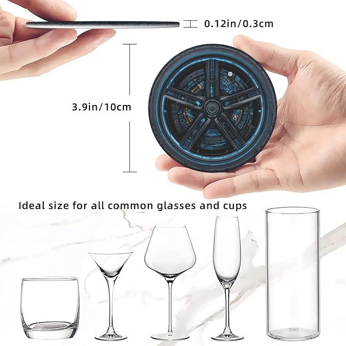 Tire Pattern Coasters for Drinks with Holder Round Leather Coasters Set of 6 Cups Mugs Mat Pad for Home Kitchen Bar
