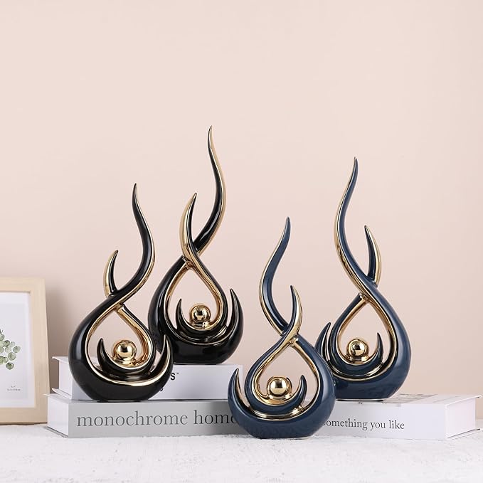 Ceramic Abstract 2 Piece Statue Set, Blue and Gold Home Decor Accents for Home Decor Statue Mantel Shelf Decor Unique Shelf Decor on Mantel, TV Cabinet Divider Table Top and Dining Table Centerpiece.