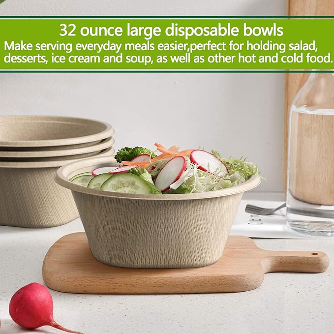 32 Oz Deep Paper Bowls Disposable Bowl - Disposable Heavy Duty Compostable Bowls, Eco-friendly Sugarcane Bagasse Biodegradable Bowl for Soup, Salad, Dessert, Ice Cream [50 Pack without Lds]