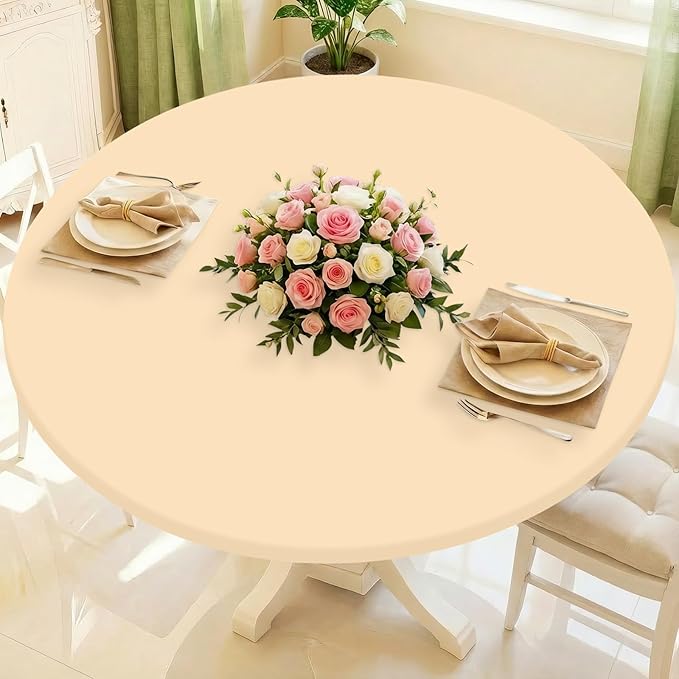 Round Spandex Tablecloth, Elastic Fitted Waterproof Tablecloths for 57"-68" Tables, Stretch Washable Picnic Table Cover for Camping, Dining, Indoor and Outdoor,Ivory