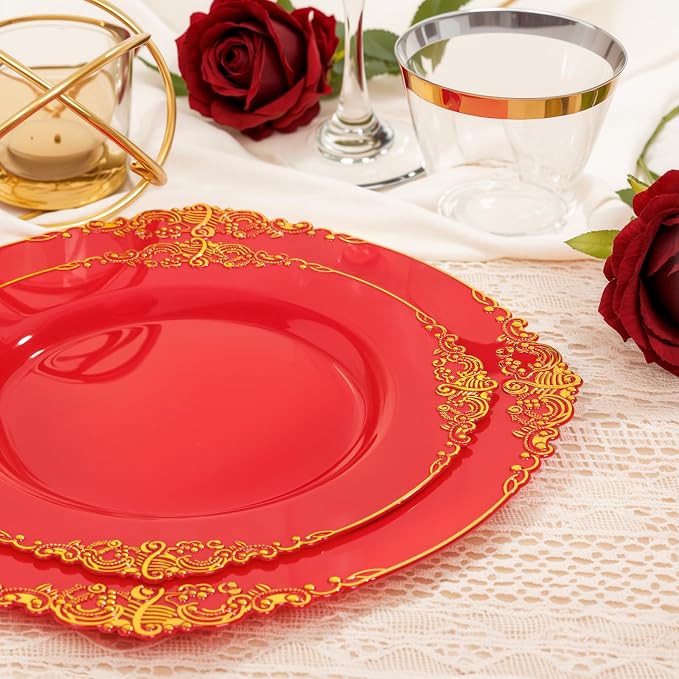 Nervure 350Pcs Red Plastic Plates, Disposable Dinnerware Set - Image 2