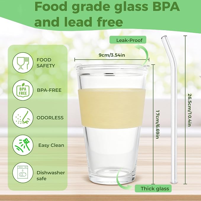 Birity 16oz Glass Cups with Lids and Straws, Glass tumbler With Straw and - Image 7